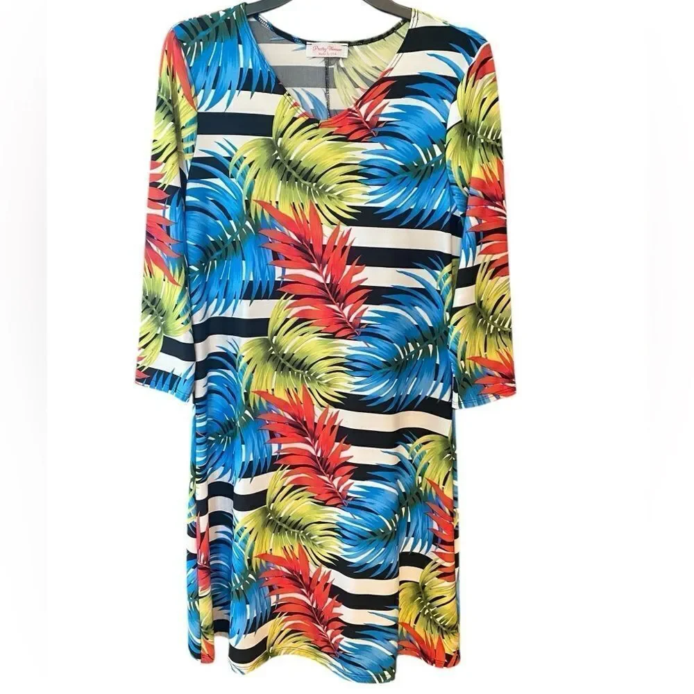 Pretty Woman Sz M Tropical Print Summer Vacation Lunch Wash Wear Dress